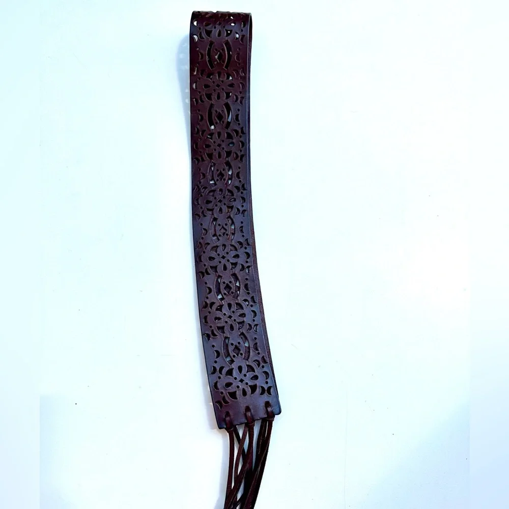 Elegant Leather Cutout Belt, Fringe Ties, Dark Brown